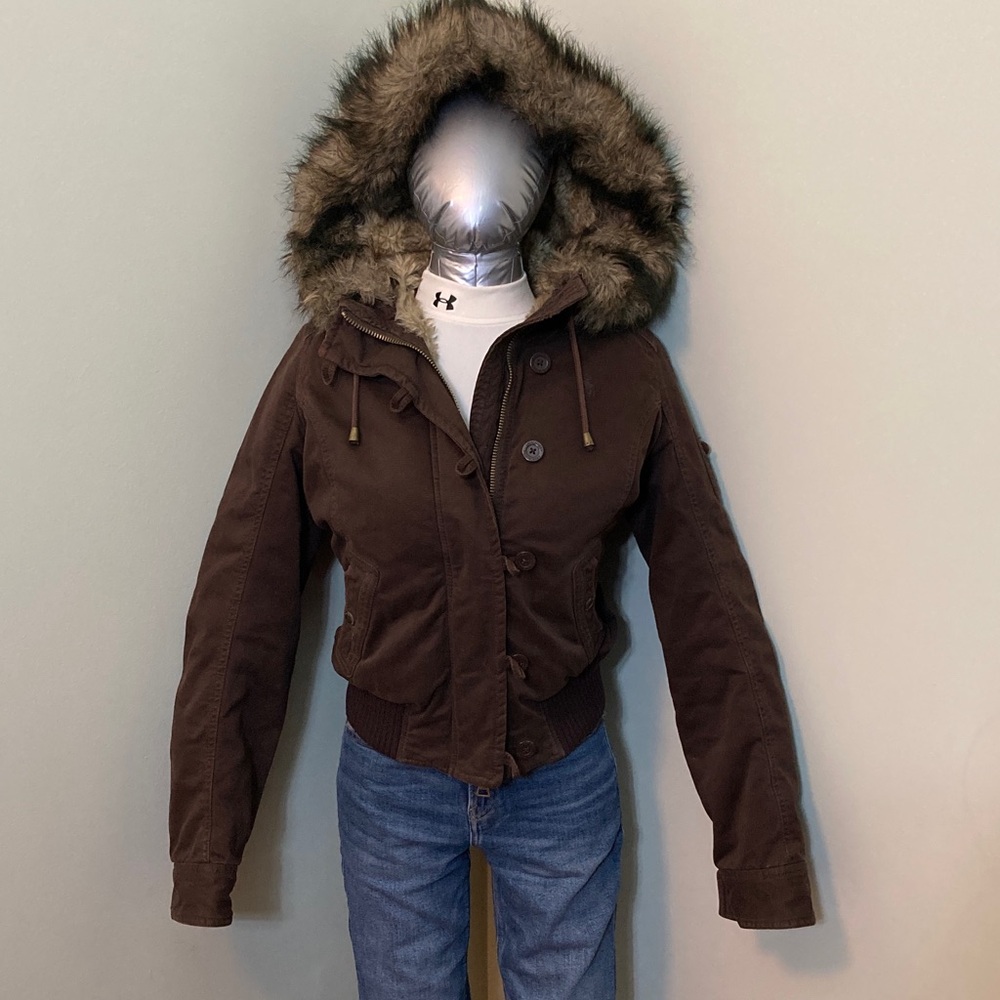 Abercrombie & Fitch Women's Brown Hooded Bomber Jacket with Faux Fur Trim